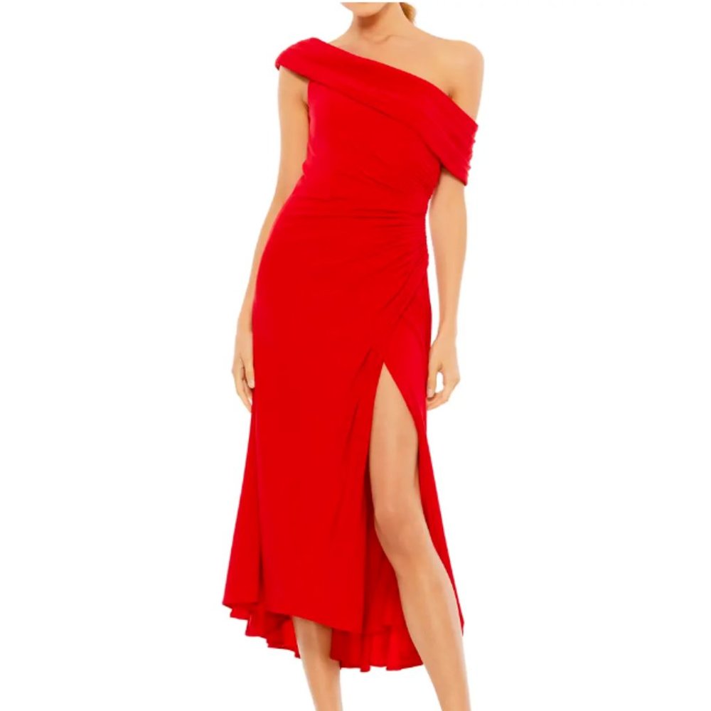 MAC DUGGAL FOLDOVER RUCHED ONE SHOULDER JERSEY MIDI RED DRESS sz 6